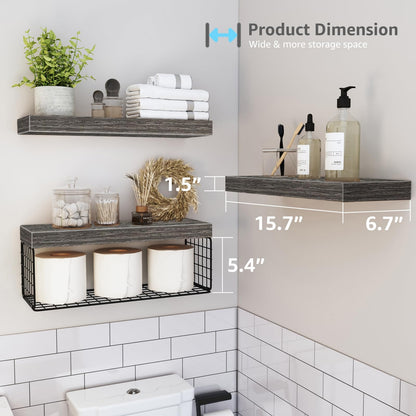 QEEIG Bathroom Shelves Over Toilet Wall Mounted Floating Shelves Farmhouse Shelf Toilet Paper Storage Small 16 inch Set of 3, Rustic Brown (019-BN3)