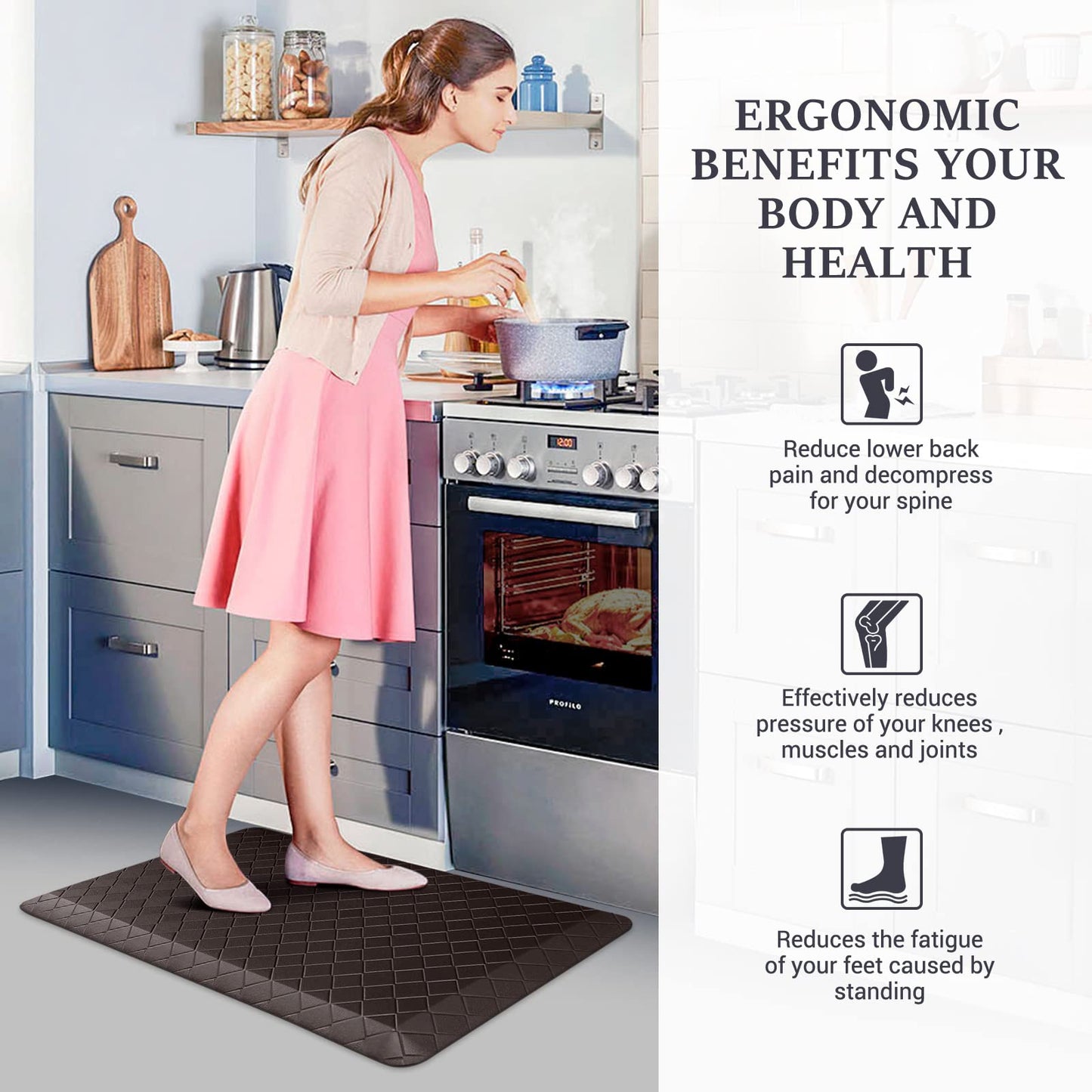 HappyTrends Floor Mat Cushioned Anti-Fatigue ,17.3"x28",Thick Waterproof Non-Slip Mats and Rugs Heavy Duty Ergonomic Comfort Rug for Kitchen,Floor,Office,Sink,Laundry,Black