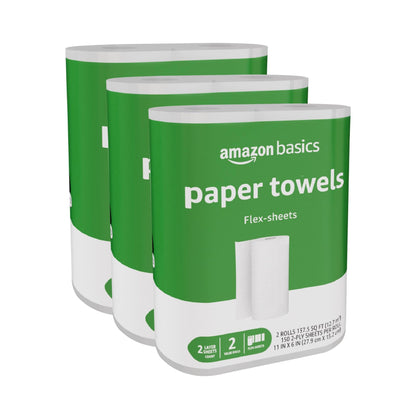 Amazon Basics 2-Ply Flex-Sheets Paper Towels, 2 Basics Rolls = 5 Regular Rolls, Everyday Value with 150 Sheets per Roll