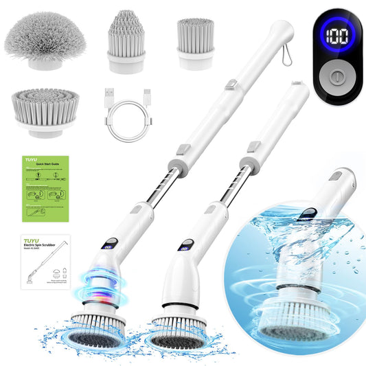 Electric Spin Scrubber, 2024 New Full-Body IPX7 Waterproof Bathroom Scrubber with Power LCD Display, Adjustable Extension Handle, Cordless Electric Cleaning Brush for Bathroom, Kitchen Cleaning