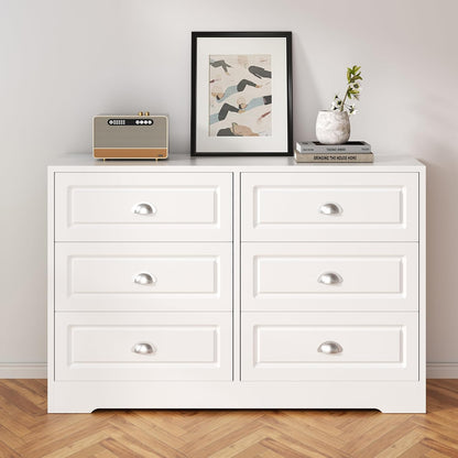 Shintenchi Dresser for Bedroom with 6 Drawers, White Double Dresser & Chest of Drawers Wooden Organizer with Metal Handle, Storage TV Stand for Living Room