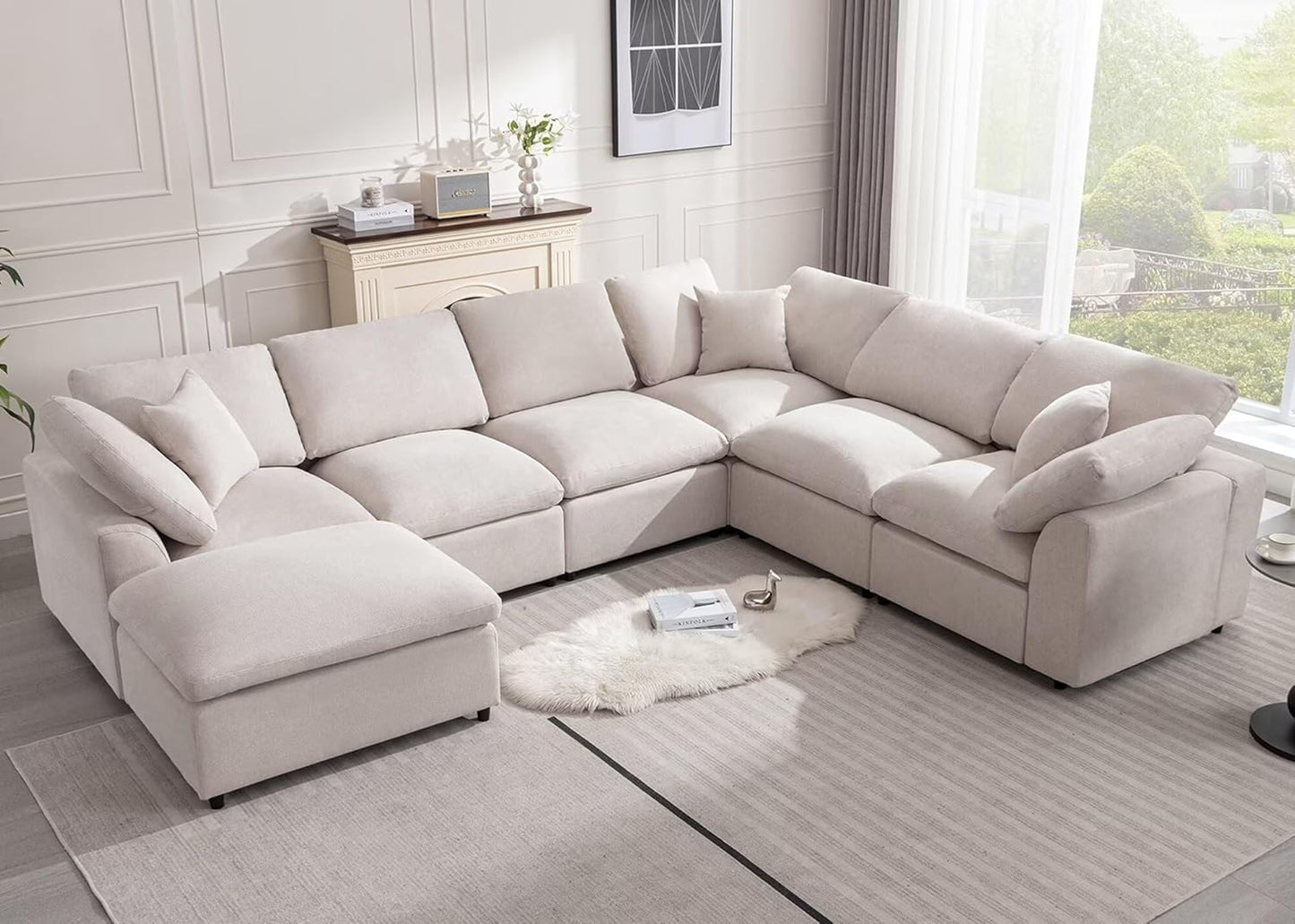 Modular Sectional Sofa Modern Oversized Cloud Couch with Movable Ottoman 7 Seater L-Shaped Sofas Comfy Couches for Living Room Spacious Space Office Lounge, Beige