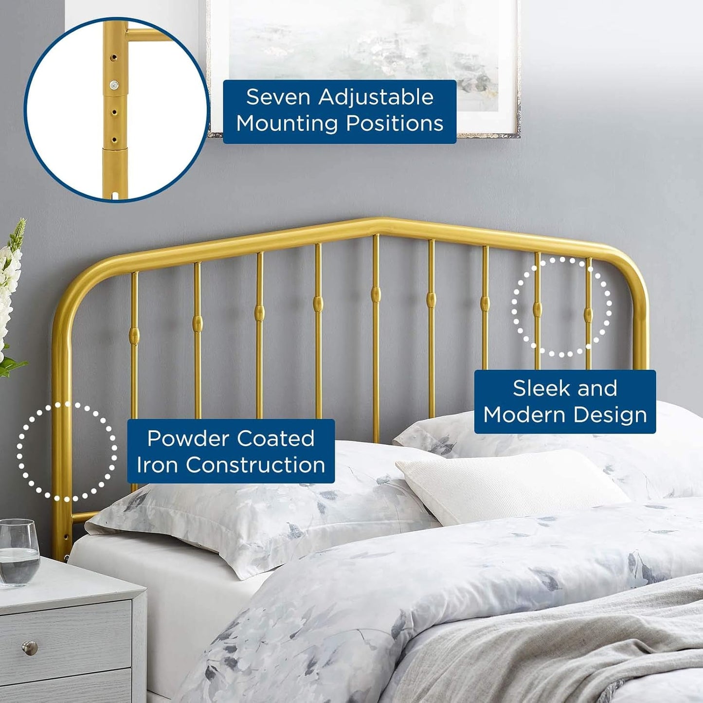 Modway Lennon Modern Farmhouse Metal Queen Headboard in Gold