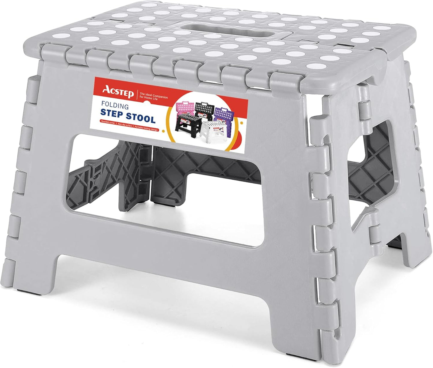 ACSTEP Folding Step Stool 9'' Foldable Step Stool for Kids and Adults Up to 300 lbs, Non-Slip Folding Stools with Portable Handle for Bedroom Kitchen, Bathroom Grey