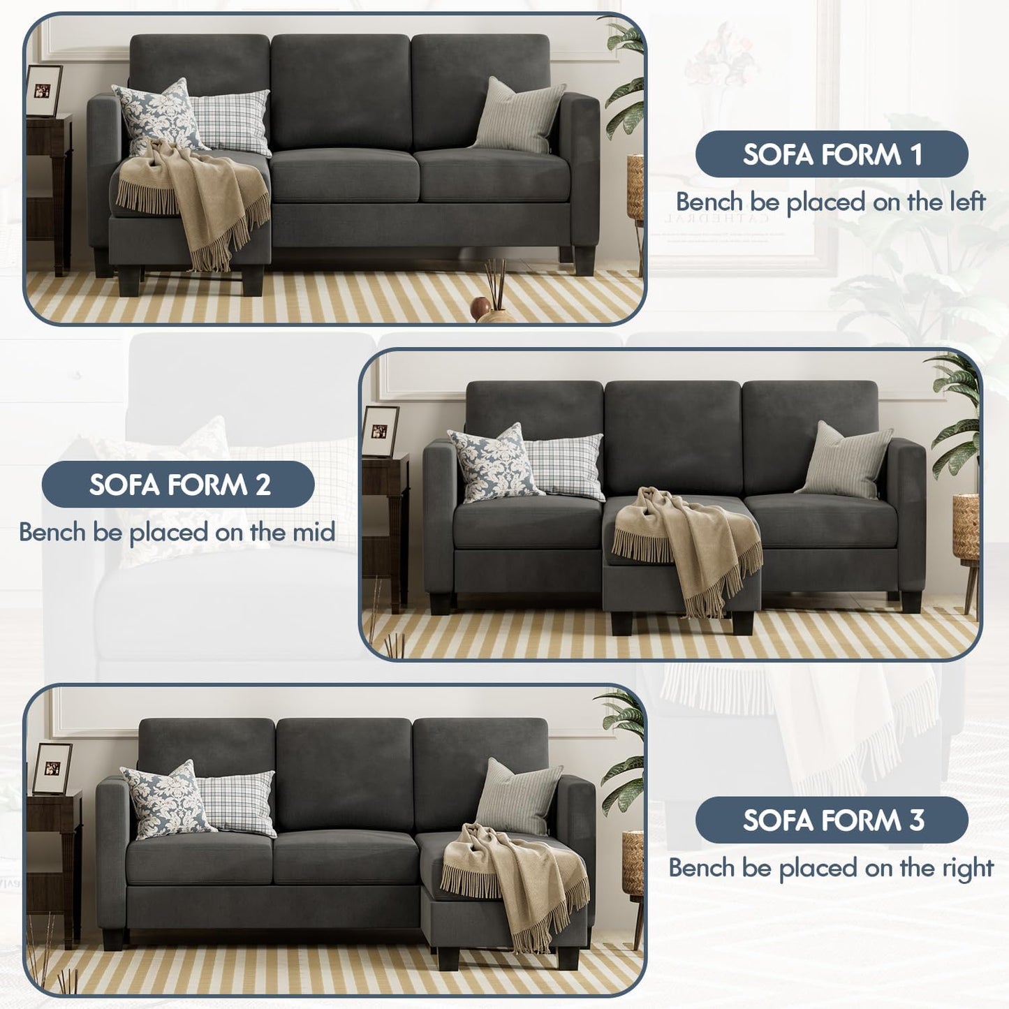 Convertible Sectional Sofa Couch, L-Shaped 3 Seat with Linen Fabric and Movable Ottoman, for Small Apartments, Living Room and Office, Dark Gray