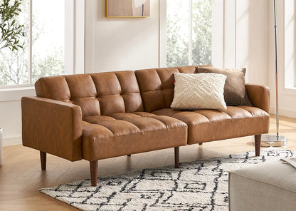 mopio Aaron Couch, Small Sofa, Futon, Sofa Bed, Sleeper Sofa, Loveseat, Mid Century Modern Futon Couch, Sofa Cama, Couches for Living Room, Bedroom (Pecan Brown, Faux Leather)