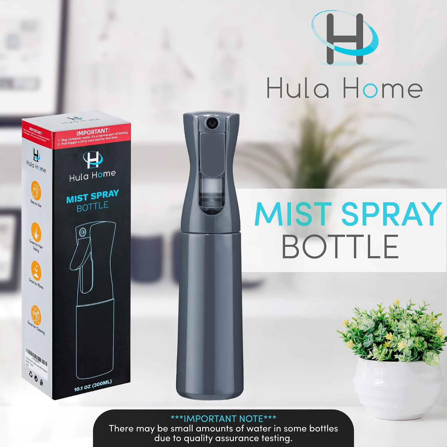 Hula Home Spray Bottle for Hair (10.1oz/300ml) Continuous Empty Ultra Fine Plastic Water Mist Sprayer – For Hairstyling, Cleaning, Salons, Plants, Essential Oil Scents & More - Black