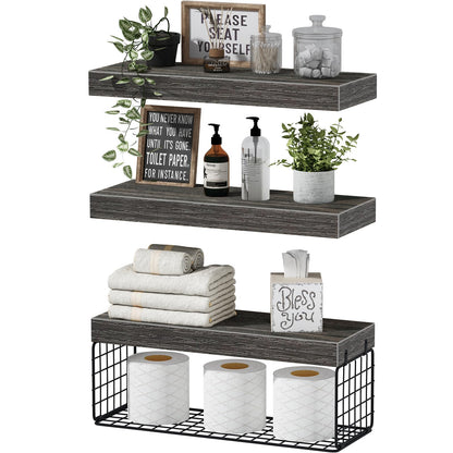 QEEIG Bathroom Shelves Over Toilet Wall Mounted Floating Shelves Farmhouse Shelf Toilet Paper Storage Small 16 inch Set of 3, Rustic Brown (019-BN3)