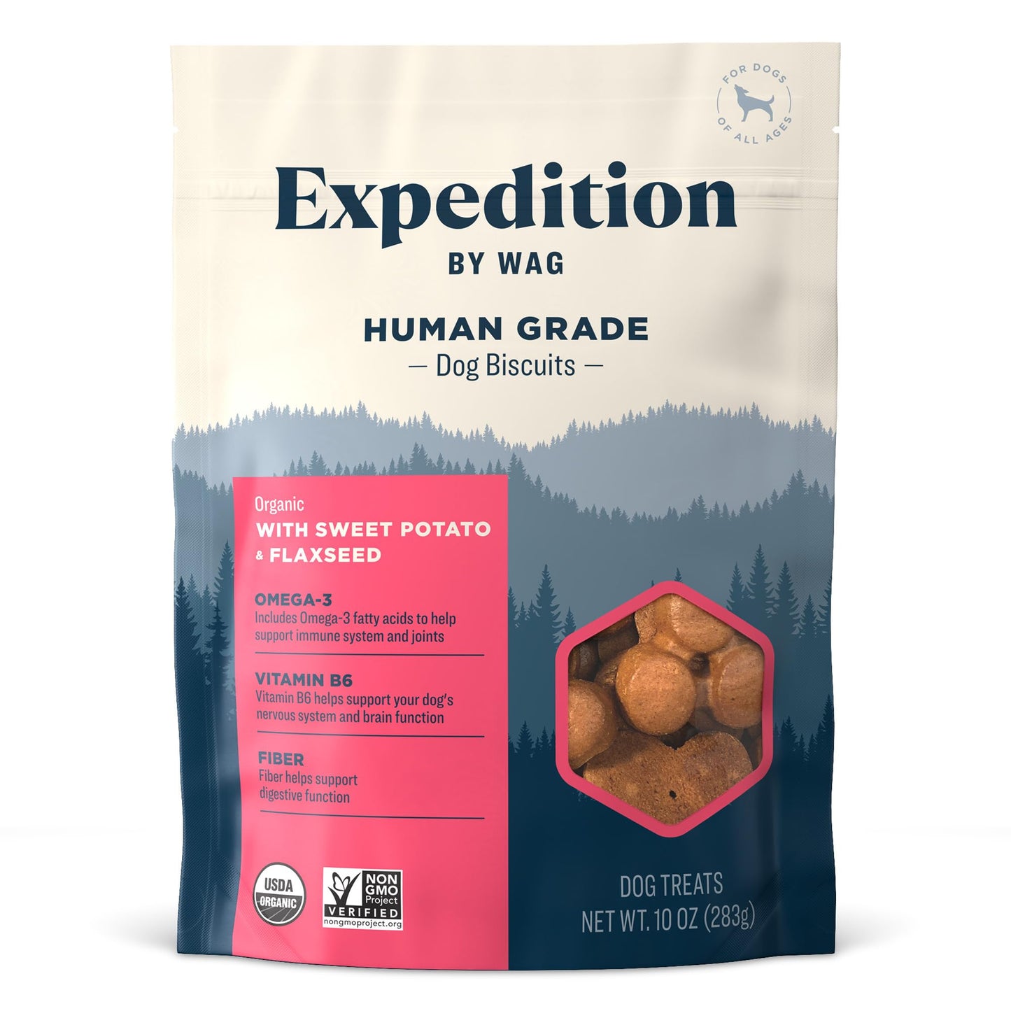 Amazon Brand - Wag Expedition Human Grade Organic Biscuits Dog Treats, Non-GMO, Gluten Free, Pumpkin & Chia Seed, 10oz