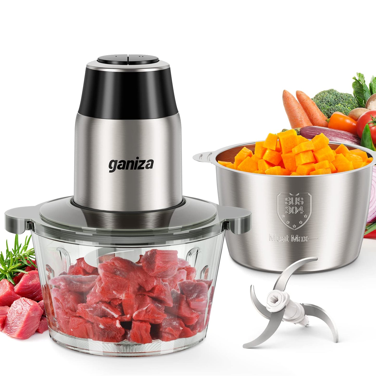 GANIZA Food Processors, Electric Chopper with Meat Grinder & Veggie Chopper - 2 Bowls (8 Cup+8 Cup) with Powerful 450W Copper Motor - Includes 2 Sets of Bi-Level Blades for Baby Food