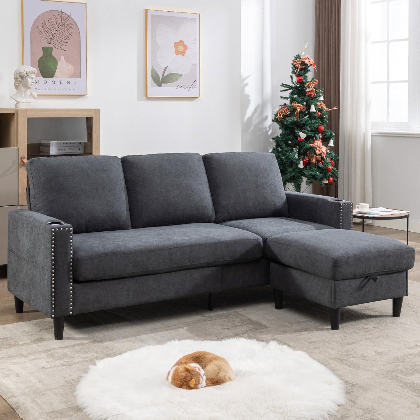 Convertible Sectional Couches for Living Room, L-Shaped Couch 3 Seats Sofas with Storage Chaise & 2 Cup Holders, Small Sofa for Apartment, Compact Spaces, Dark Grey