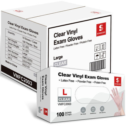 Schneider Clear Vinyl Exam Gloves, Latex-Free, Disposable Medical Gloves, Cleaning Gloves, Food Safe, Powder-Free, 4 mil