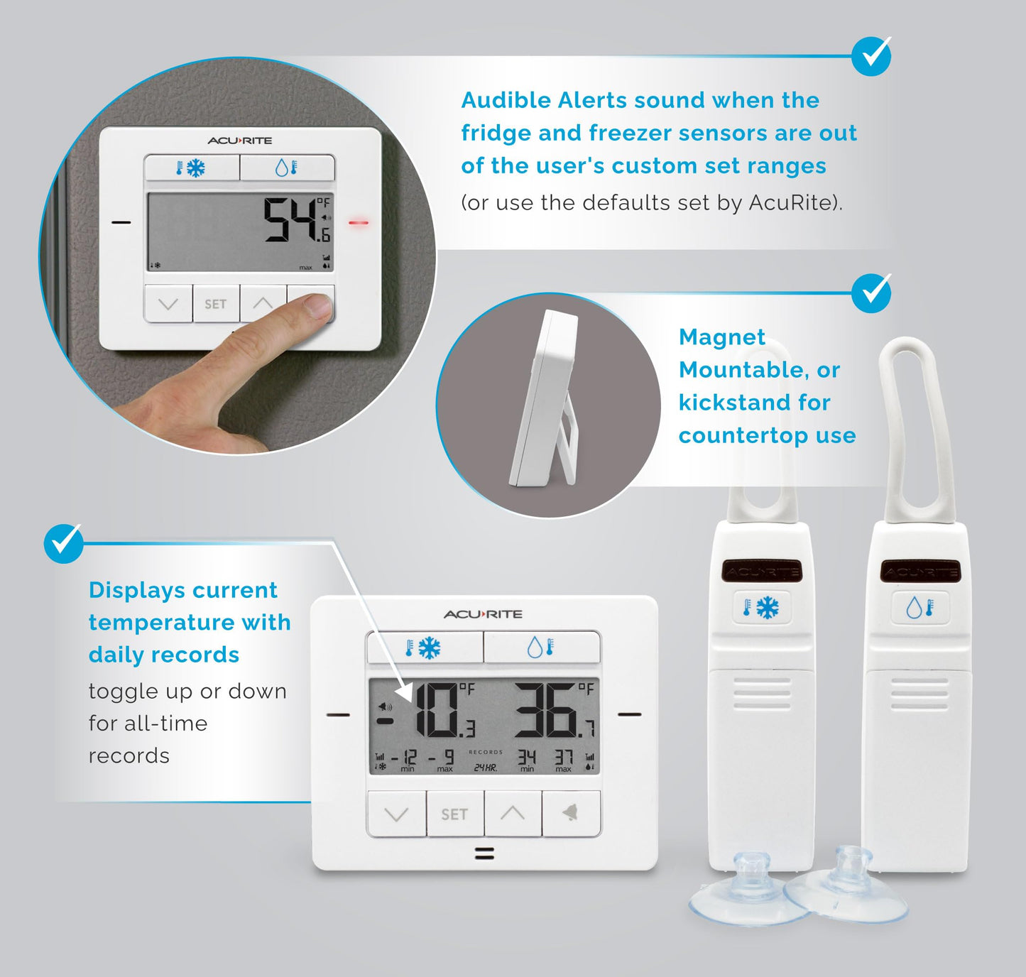 AcuRite Matte White Digital Wireless Fridge and Freezer Thermometer for Home and Restaurants with Alarm and High/Low Temperature Records (00523M)