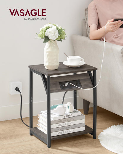 VASAGLE End Table with Charging Station, Set of 2, Small Side Tables for Living Room, Bedroom, Nightstand with Outlets and USB Ports, Bedside Table with Storage Shelf, Chestnut Brown and Black