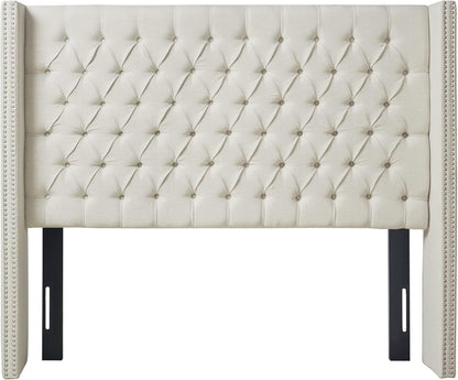 Madison Park Amelia Upholstered Headboard | Nail Head Trim Wingback Button Tufted | King, Cream