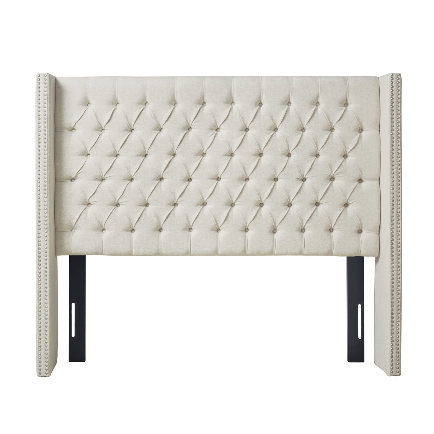 Madison Park Amelia Upholstered Headboard | Nail Head Trim Wingback Button Tufted | King, Cream