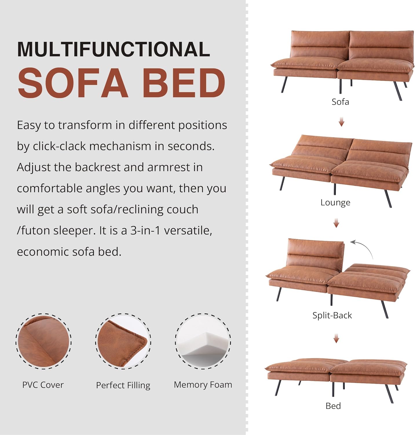 Memory Foam Futon Sofa Bed, Convertible Futon Sofa Couch with Adjustable Backrest, Modern Sleeper Couch Bed for Office, Living Room, Bedroom and Sitting Room, Brown