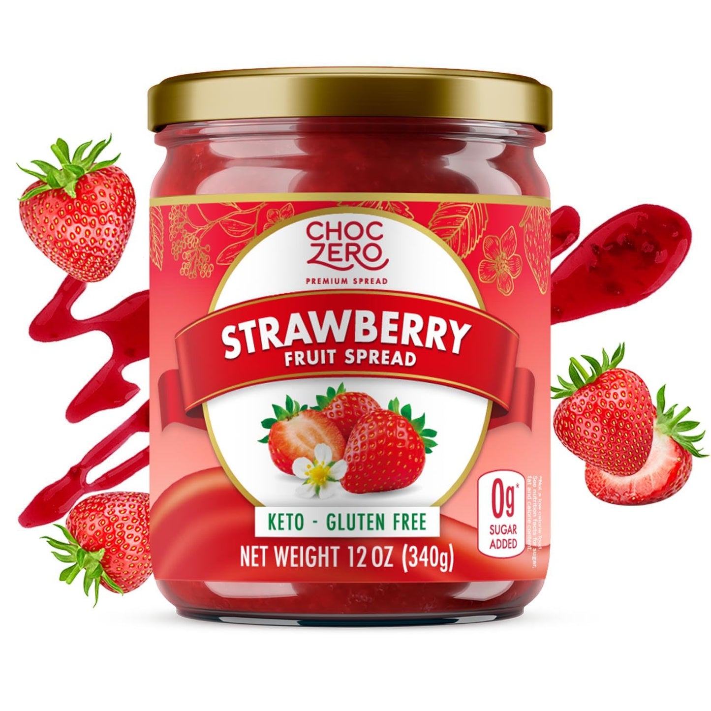 Keto Strawberry Jam, No Sugar Added - Monk Fruit Sweetened, Gluten Free Spread from ChocZero, 12 oz