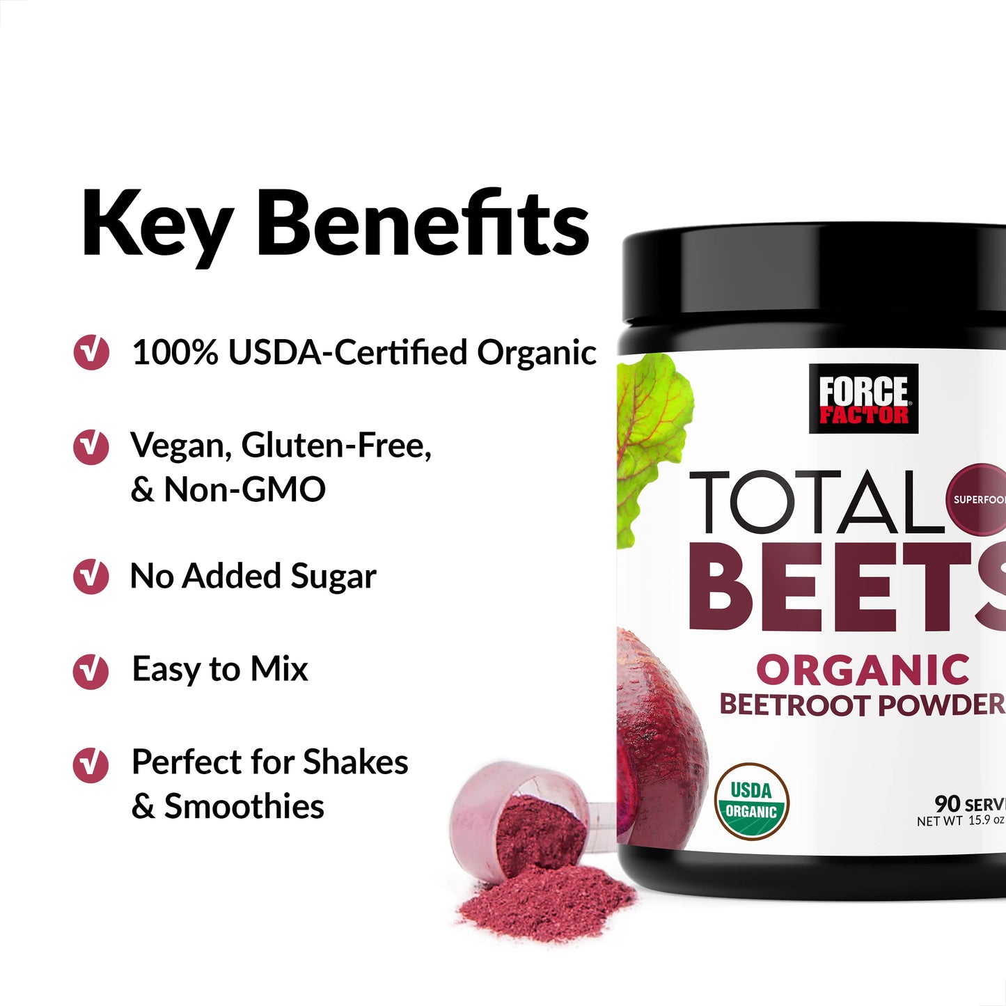 Force Factor Total Beets Organic Beetroot Powder Superfood to Boost Daily Nutrition, USDA Organic, Vegan, Gluten-Free, and Non-GMO Beet Supplement, Unflavored, 90 Servings