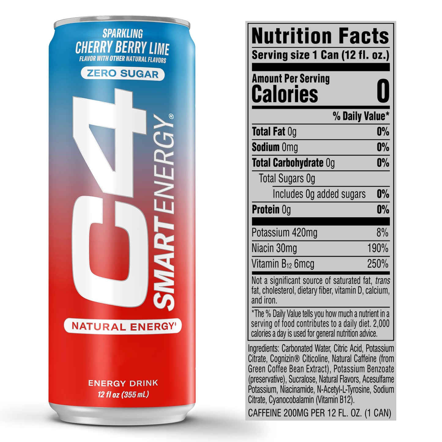 C4 Smart Energy Drink – Boost Focus and Energy with Zero Sugar, Natural Energy, and Nootropics - 200mg Caffeine - Cherry Berry Lime (12oz Pack of 12)