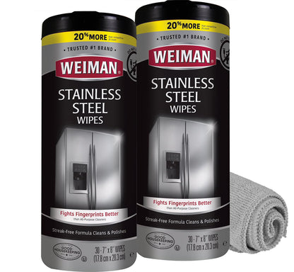 Weiman Stainless Steel Cleaner and Polish Wipes Bundle with Microfiber Cloth-Removes Fingerprints, Water Marks and Grease from Appliances - Works Great on Refrigerators, Ovens, and Grills