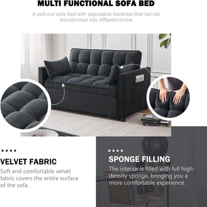 Sleeper Sofa Bed, 3-in-1 Velvet Pull Out Couch with Armrests, Storage Pockets and 2 Pillows, Adjustable Backrest, Sofa Bed Couch for Living Room, Bedroom(Black)