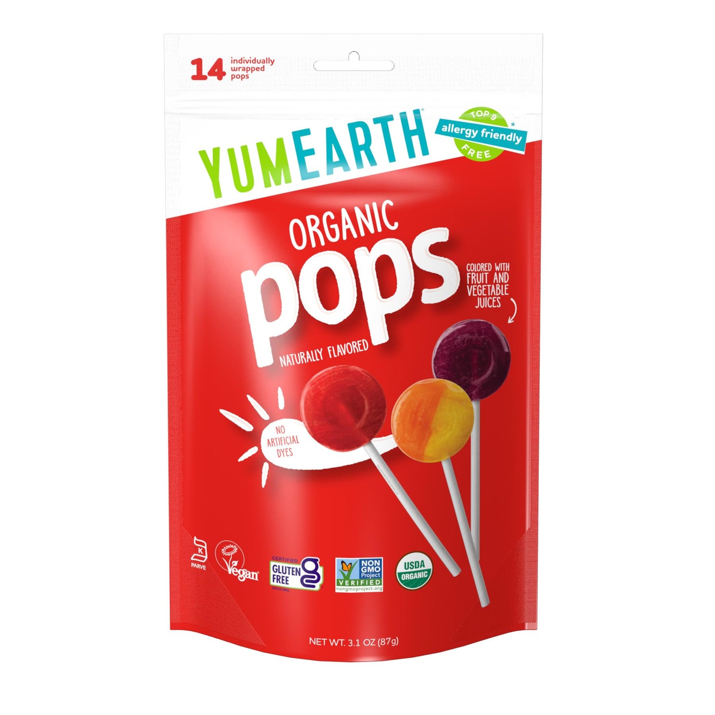 YumEarth Organic Pops Variety Pack, 14 Fruit Flavored Favorites Lollipops, Allergy Friendly, Gluten Free, Non-GMO, Vegan, No Artificial Flavors or Dyes