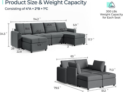 LINSY HOME Modular Sectional Sofa, Convertible U Shaped Sofa Couch with Storage, Memory Foam, Modular Sectionals with Ottomans, 6 Seat Sofa Couch with Chaise for Living Room, Dark Grey