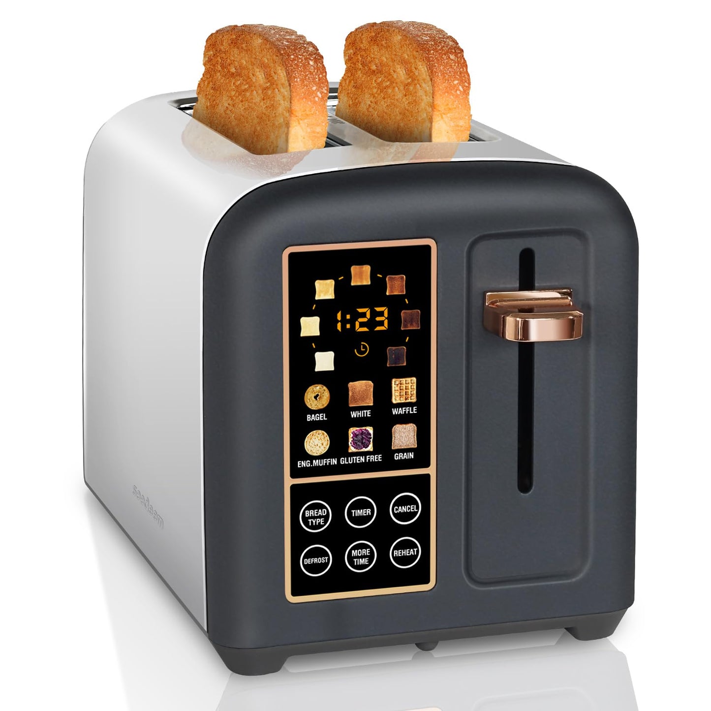 SEEDEEM Toaster 2 Slice, Stainless Toaster LCD Display&Touch Buttons, 50% Faster Heating Speed, 6 Bread Selection, 7 Shade Setting, 1.5''Wide Slot, Removable Crumb Tray, 1350W, Dark Metallic