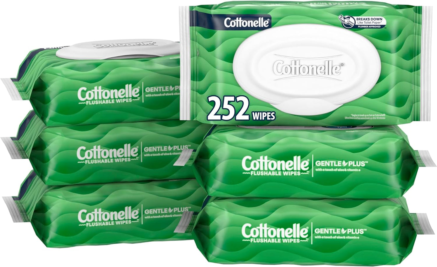 Cottonelle GentlePlus Flushable Wet Wipes with Aloe & Vitamin E, 6 Flip-Top Packs, 42 Wipes Per Pack (252 Total Wipes), Packaging May Vary