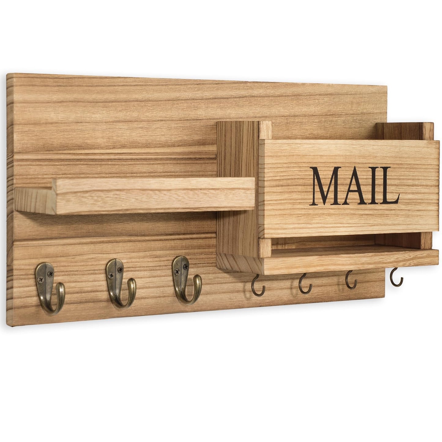 Mail Organizer for Wall Mount – Key Holder with Shelf includes Letter Holder and Hooks for Hallway Farmhouse Decor – Rustic Wood with Flush Mounting Hardware (16.5” x 9.1” x 3.4”) (Black)