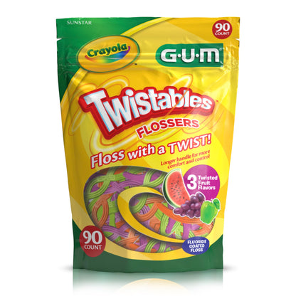 GUM Crayola Twistables Kids Flossers with Fluoride - Designed for Little Hands - Three Fun Fruit Flavors - Easy to Use Kids Floss Picks for Children Ages 3+, 90 ct (4pk)