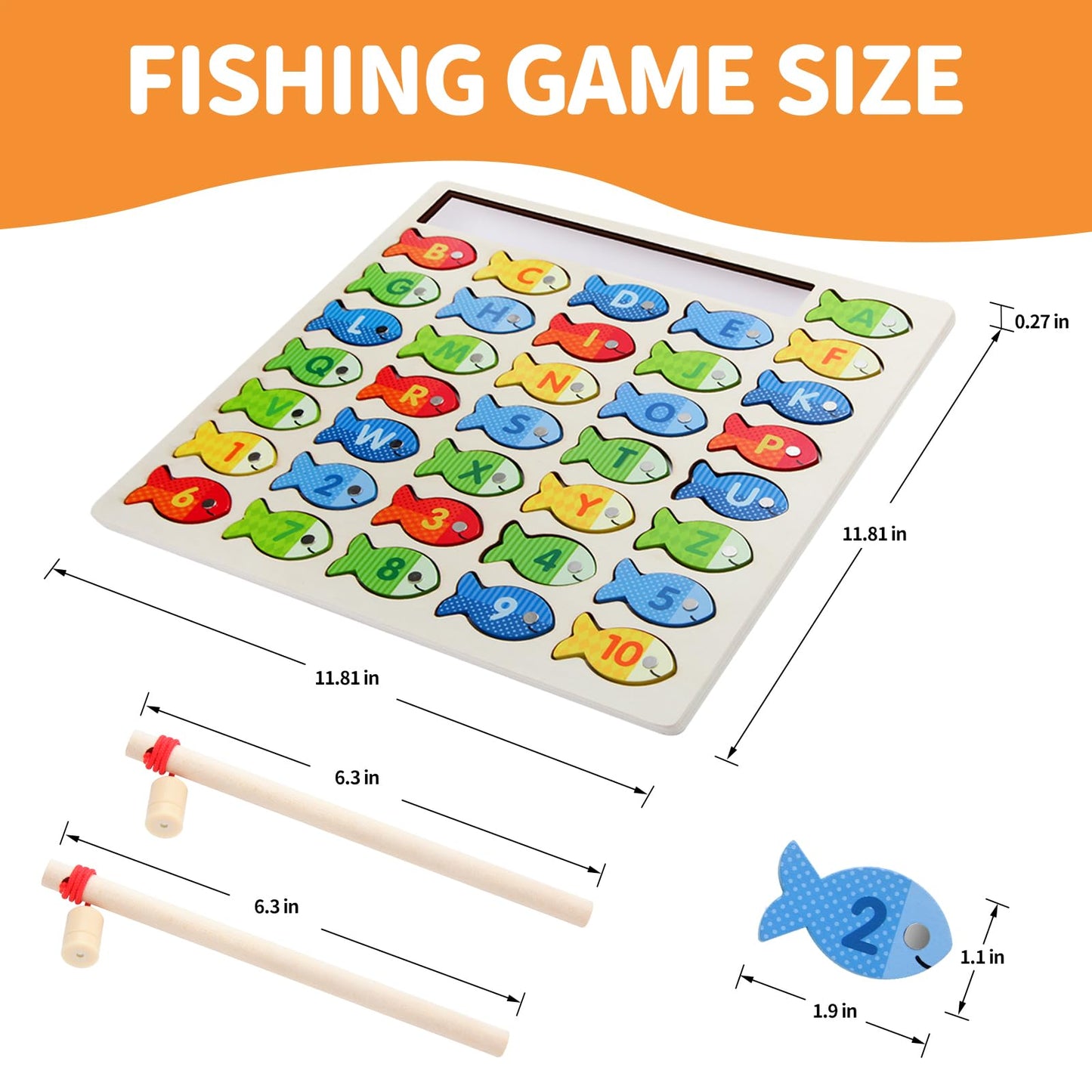 Wooden Magnetic Fishing Game for Toddlers, Montessori Fine Motor Skills Toy with Letters and Numbers, Preschool Learning ABC and Puzzle Birthday Toys Gift for 3 4 5+ Year Old Kids(2 Poles)