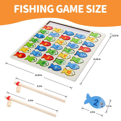 Wooden Magnetic Fishing Game for Toddlers, Montessori Fine Motor Skills Toy with Letters and Numbers, Preschool Learning ABC and Puzzle Birthday Toys Gift for 3 4 5+ Year Old Kids(2 Poles)