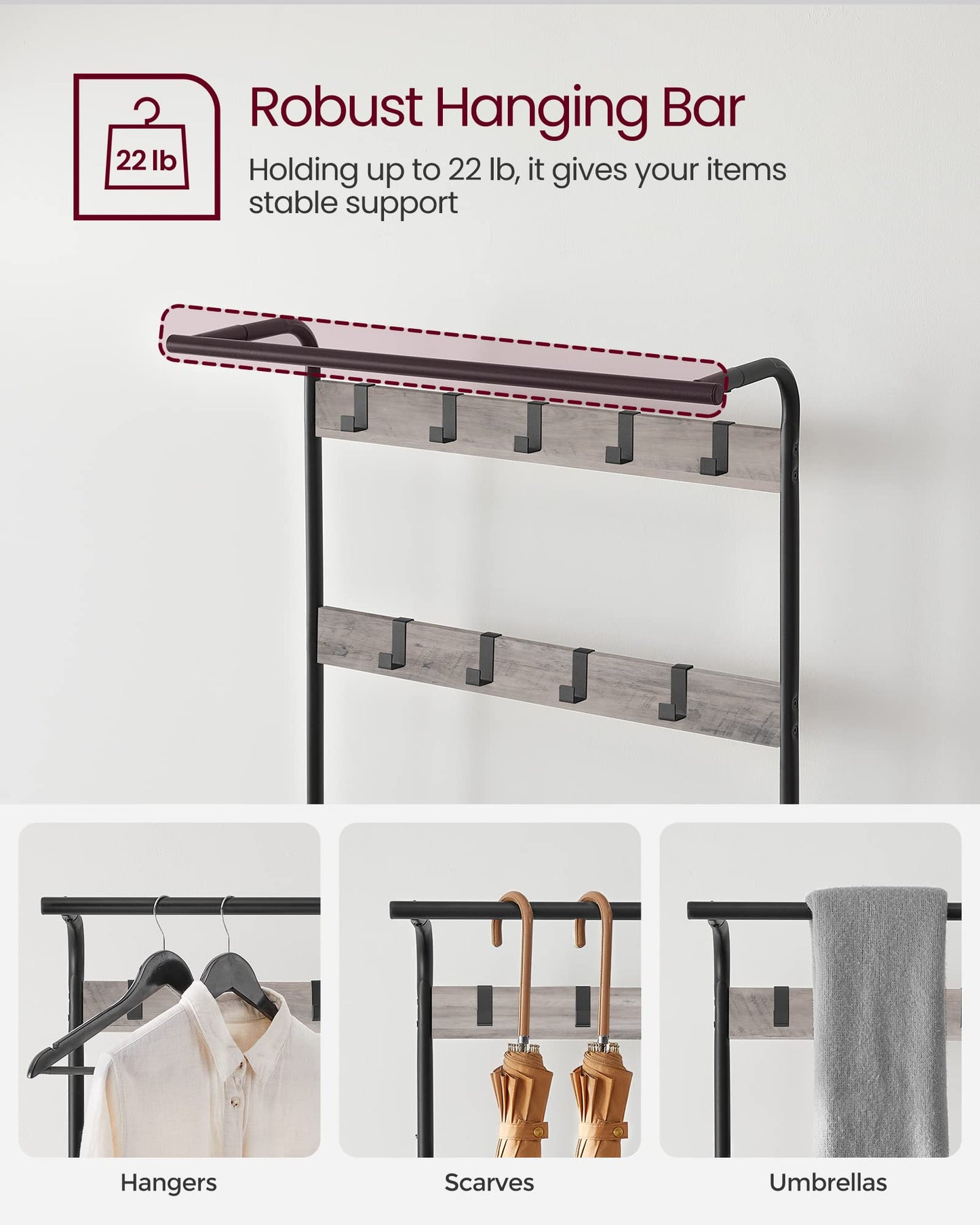 VASAGLE Coat Rack, Hall Tree with Shoe Bench for Entryway, Entryway Bench with Coat Rack, 4-in-1, with 9 Removable Hooks, a Hanging Rod, 13.3 x 28.3 x 72.1 Inches, Honey Brown and Black UHSR040B05