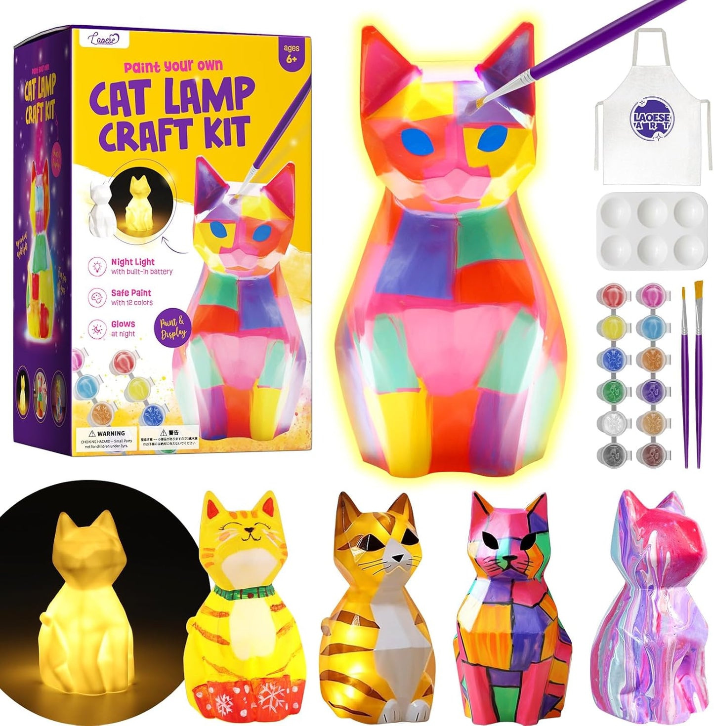 Paint Your Own Cat Lamp Kit, Art Supplies Arts & Crafts Kit, Painting kit for Kids 6-12, Arts and Crafts for Kids Ages 8-12, Toys Girls Boy Birthday Christmas Gift Ages 3 4 5 6 7 8 9 10 11 12+