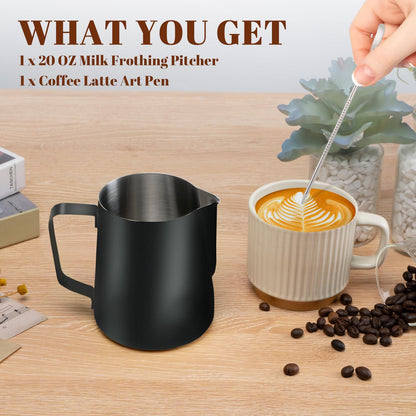 Milk Frothing Pitcher, 12oz Milk Frother Cup with Clear Scale, 304 Stainless Steel Cappuccino Espresso Machine Accessories for Barista Coffee Bar with Latte Art Pen, Black