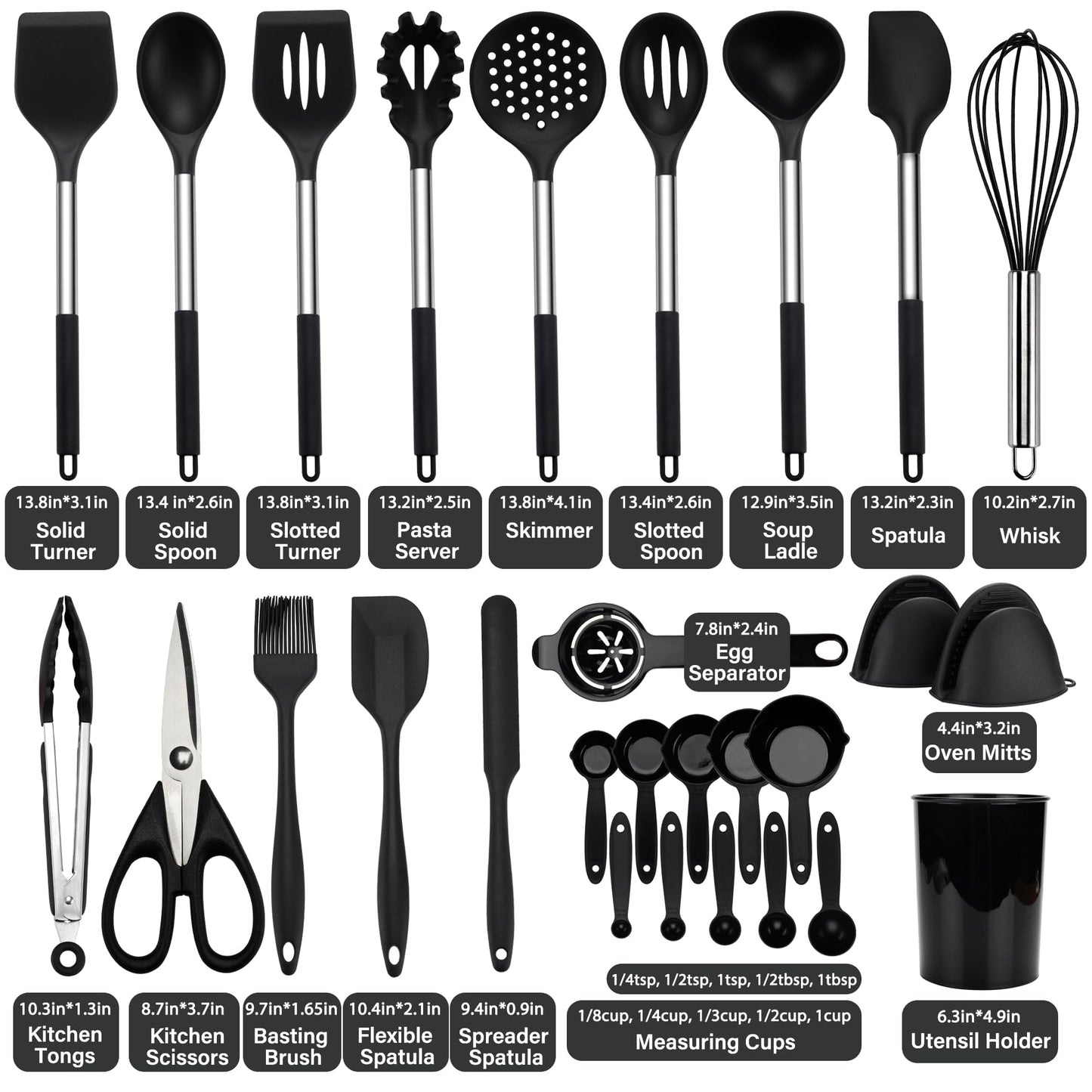 Kitchen Utensils Set, Hvygss Silicone Cooking Utensils Set, Stainless Steel Handle Silicone Spatula Set with Silicone Whisk, Tongs, Ladle, Scissors, Measuring Cups and Spoons Set (Khaki)