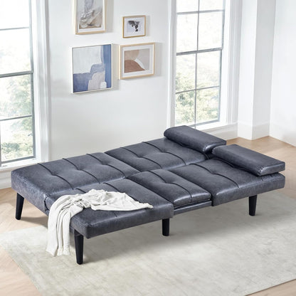 COLAMY Futon Sofa Bed-Leather Small Futon Couch, Futon Lounge Sofa, Futon Convertible with Cup Holder, Removable Armrest, Adjustable Backrest Darkgrey