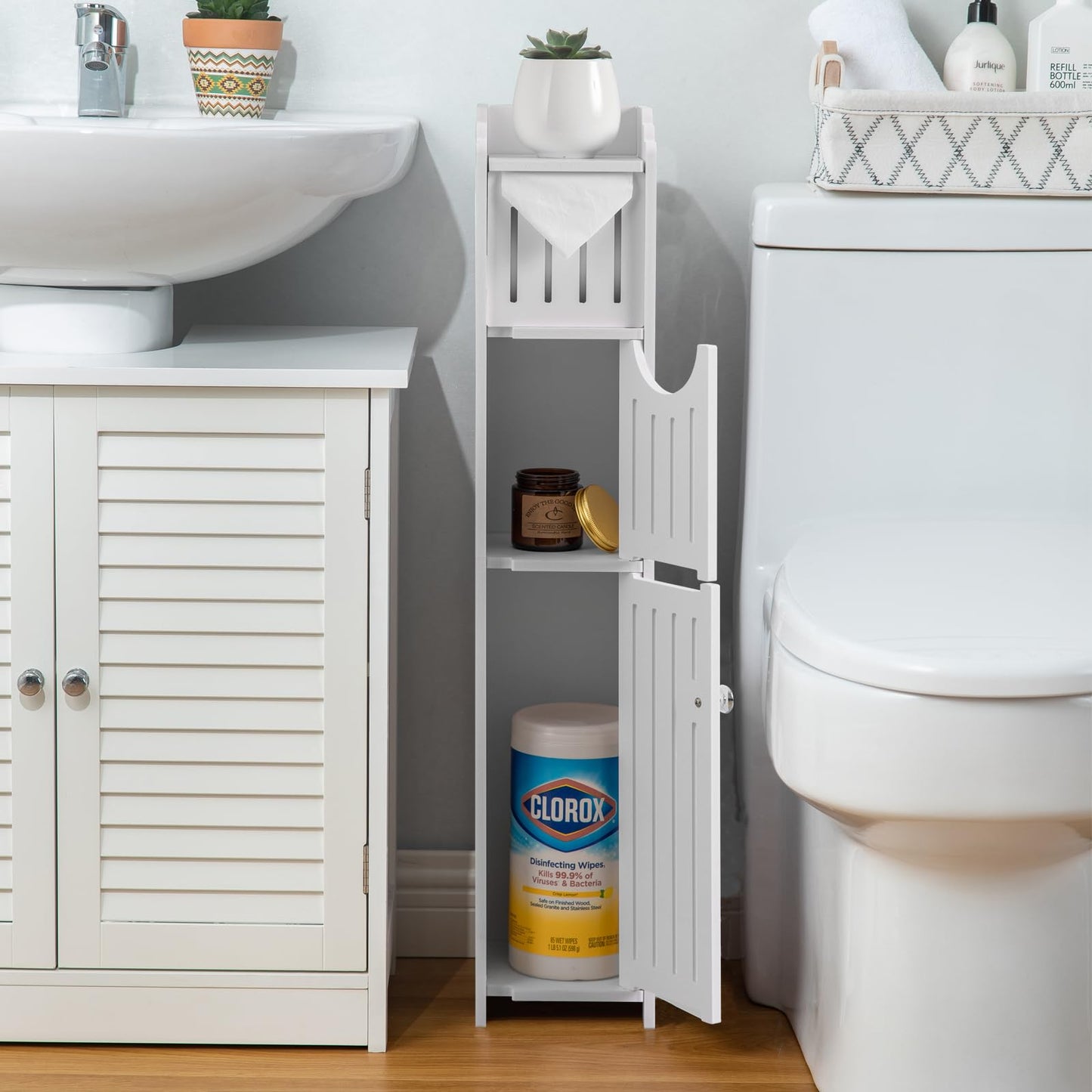 AOJEZOR Bathroom Storage Cabinet: Small Bathroom Storage Cabinet for Small Space - Toilet Paper Cabinet Fit for Small Roll - White