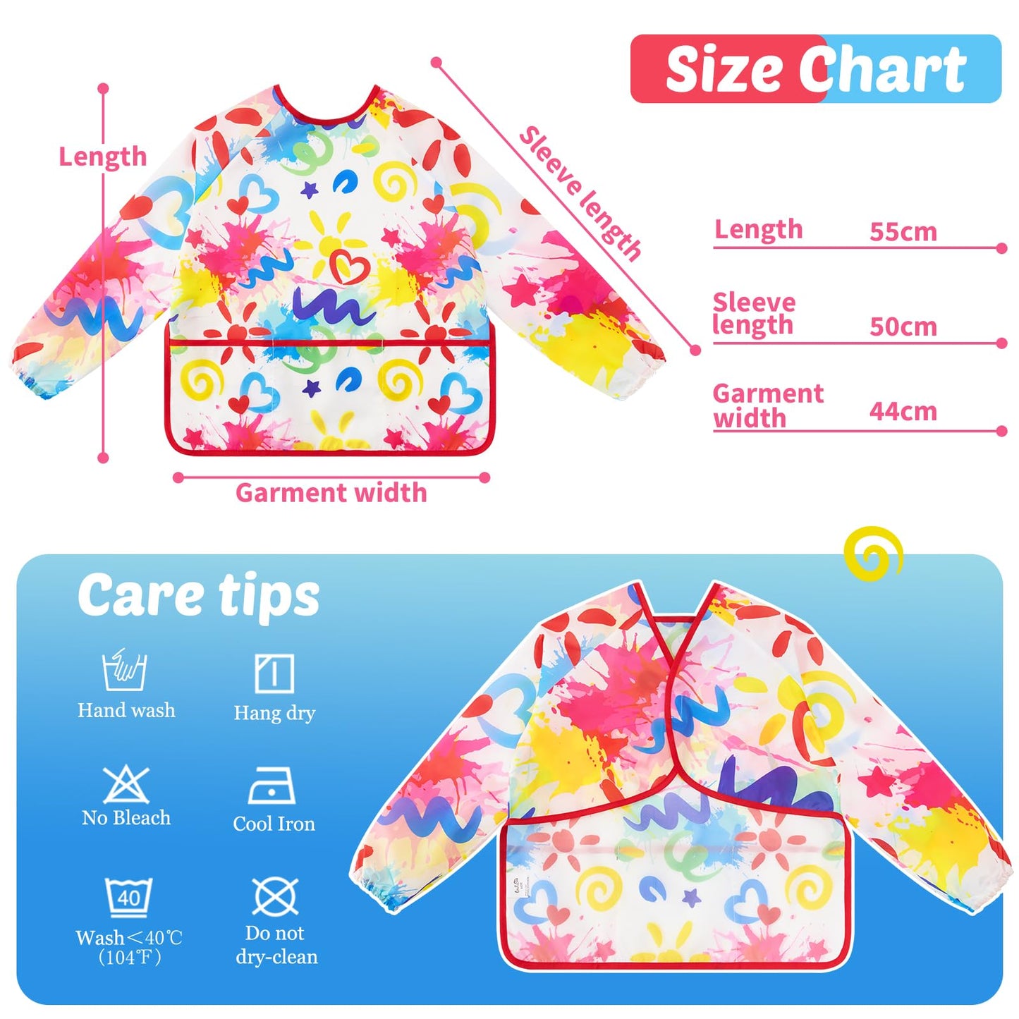 WERNNSAI Kids Art Smock - Kids Painting Aprons for Girls Waterproof Toddler Smock Painting with Long Sleeve 3 Pockets