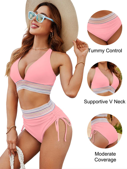 Blooming Jelly Women High Waisted Bikini Sets Tummy Control Swimsuits Color Block Two Piece Drawstring Bathing Suit