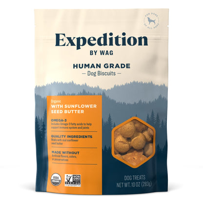 Amazon Brand - Wag Expedition Human Grade Organic Biscuits Dog Treats, Non-GMO, Gluten Free, Pumpkin & Chia Seed, 10oz