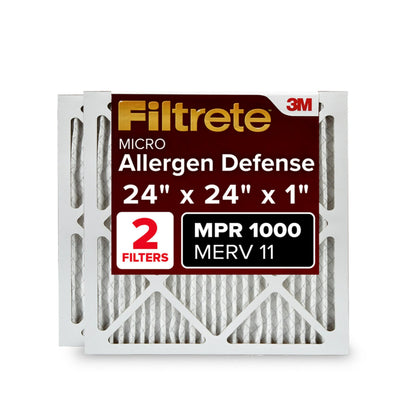 Filtrete 20x25x1 AC Furnace Air Filter, MERV 11, MPR 1000, Micro Allergen Defense, 3-Month Pleated 1-Inch Electrostatic Air Cleaning Filter, 2 Pack (Actual Size 19.688 x 24.688 x 0.84 in)