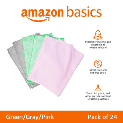 Amazon Basics Microfiber Cleaning Cloths, Non-Abrasive, Reusable and Washable, Pack of 24, Green/Gray/Pink, 16" x 12"