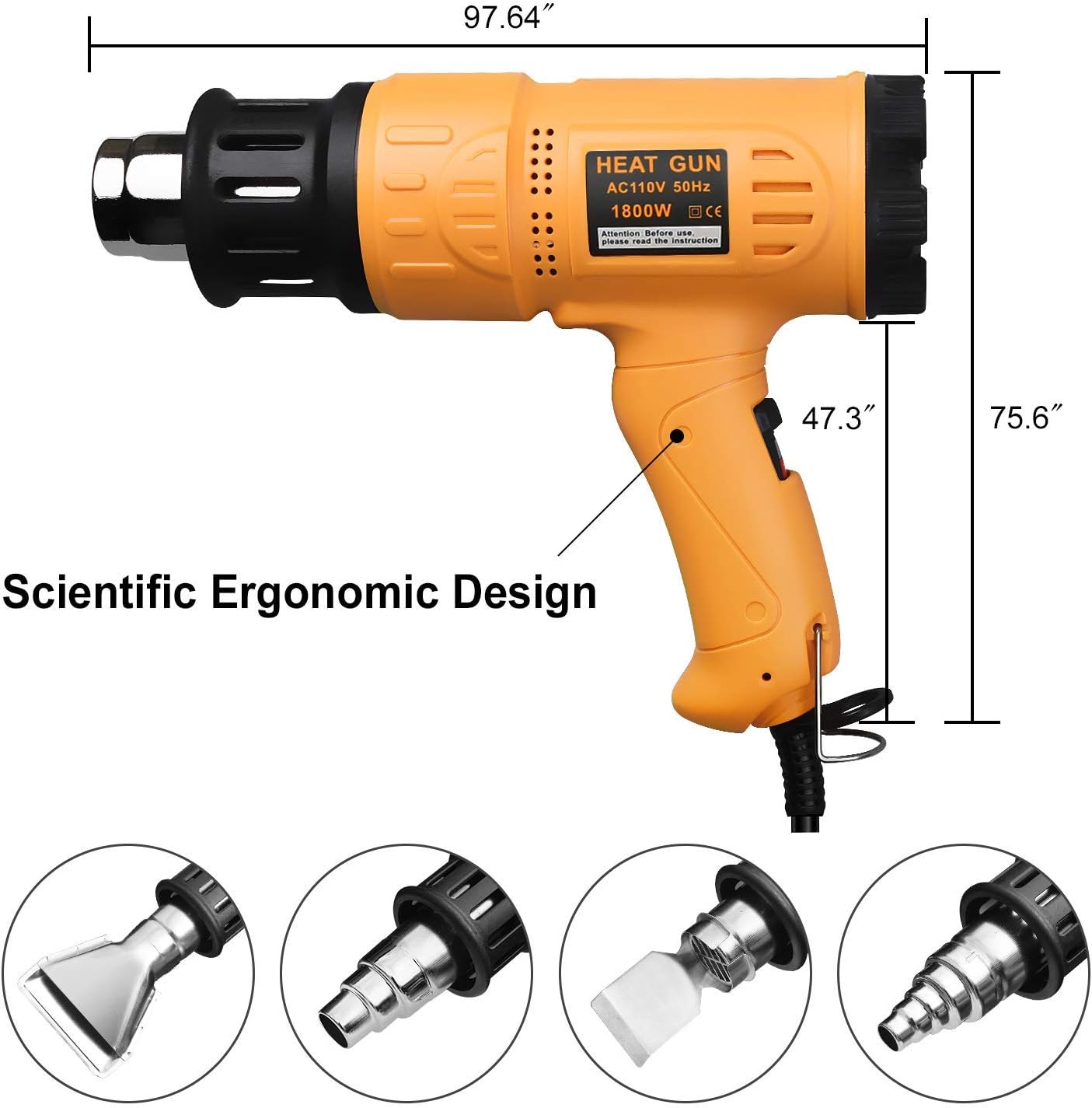 SEEKONE Heat Gun 1800W 122℉~1202℉（50℃- 650℃）Fast Heating Heavy Duty Hot Air Gun Kit Variable Temperature Control Overload Protection with 4 Nozzles for Crafts, Shrinking PVC, Stripping Paint(5.2FT)