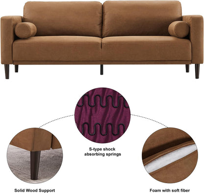 HIFIT Sofa Couches, 79” Mid-Century Modern Couch, Breathable Faux Leather Couch with Upholstered Cushions/Pillows, 3-Seat Sofas & Couches, for Living Room Apartment Office, Brown