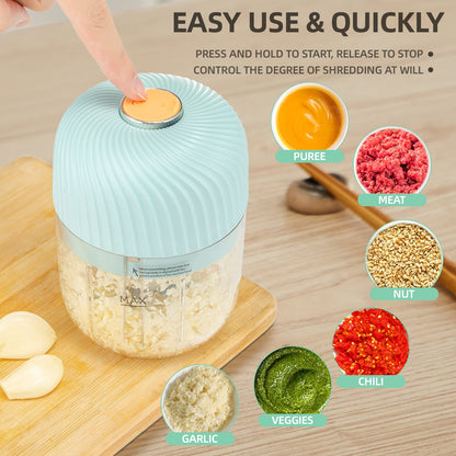 Electric Garlic Chopper, Mini Portable Veggie Chopper, 250ML Garlic Grinder Masher Onion Chopper, Blender to Vegetable, Wireless Food Processor for Ginger, Chili, Fruit, Meat, etc