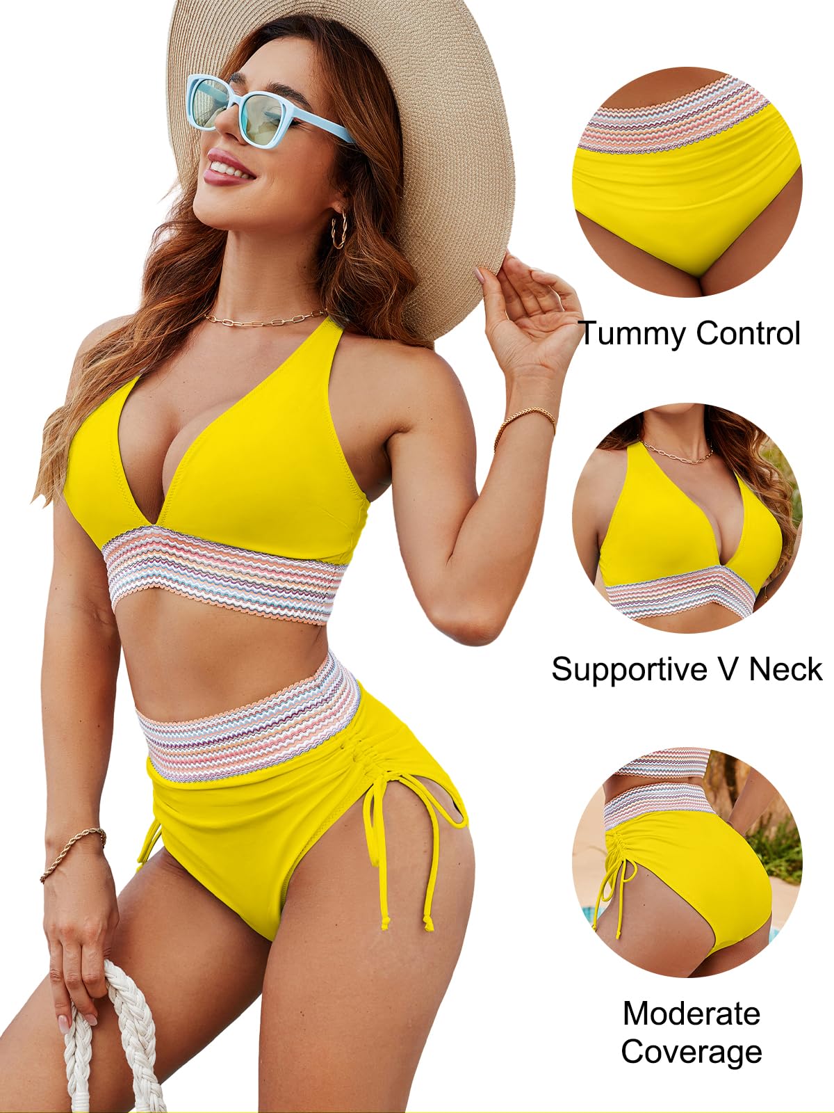 Blooming Jelly Women High Waisted Bikini Sets Tummy Control Swimsuits Color Block Two Piece Drawstring Bathing Suit