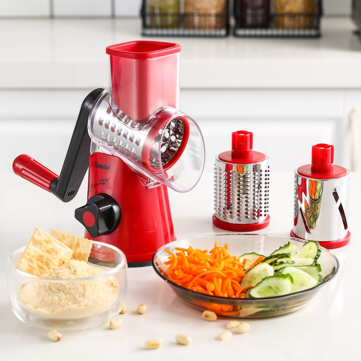 Geedel Rotary Cheese Grater, Kitchen Mandoline Vegetable Slicer with 3 Interchangeable Blades, Easy to Clean Grater for Fruit, Vegetables, Nuts